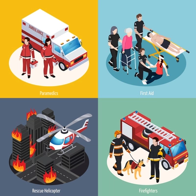 Rescue team 2x2 design concept set of paramedics firefighters rescue helicopter and first aid isometric compositions vector illustration