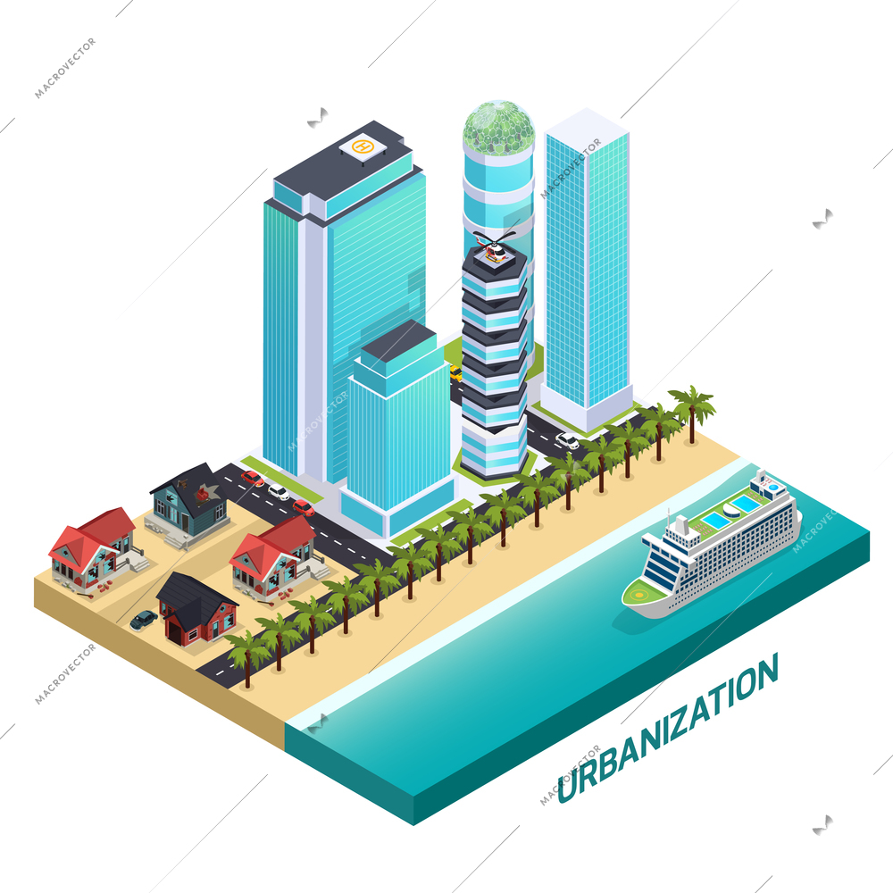 Urbanization isometric composition with modern landscapes built nearby old district with abandoned dilapidated rural houses vector illustration