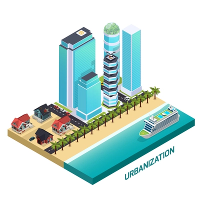 Urbanization isometric composition with modern landscapes built nearby old district with abandoned dilapidated rural houses vector illustration