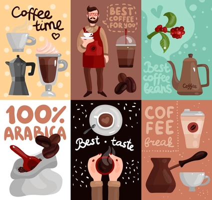 Coffee production cards with advertising of best coffee beans and taste of arabica sort flat vector illustration