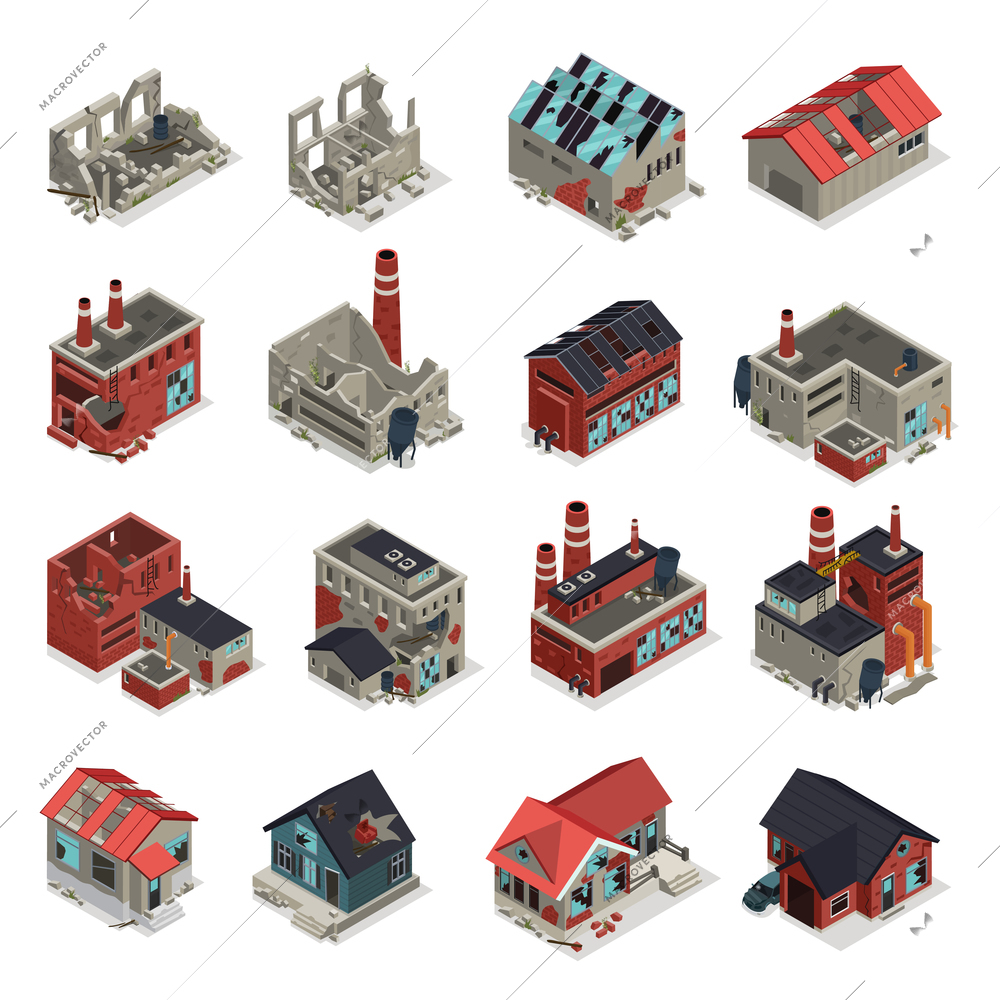 Abandoned buildings isometric set of crumbling old manufacturing workshops and factory ruins isolated vector illustration