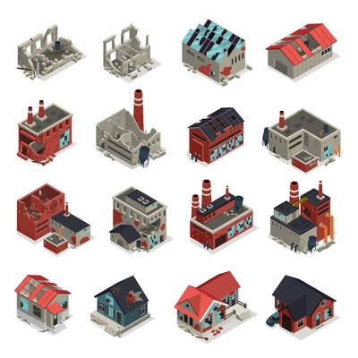 Abandoned buildings isometric set of crumbling old manufacturing workshops and factory ruins isolated vector illustration