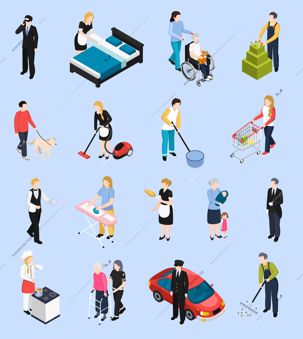 Home staff isometric icons set of personal driver gardner chef assistant to care for disabled and elderly isolated characters vector illustration