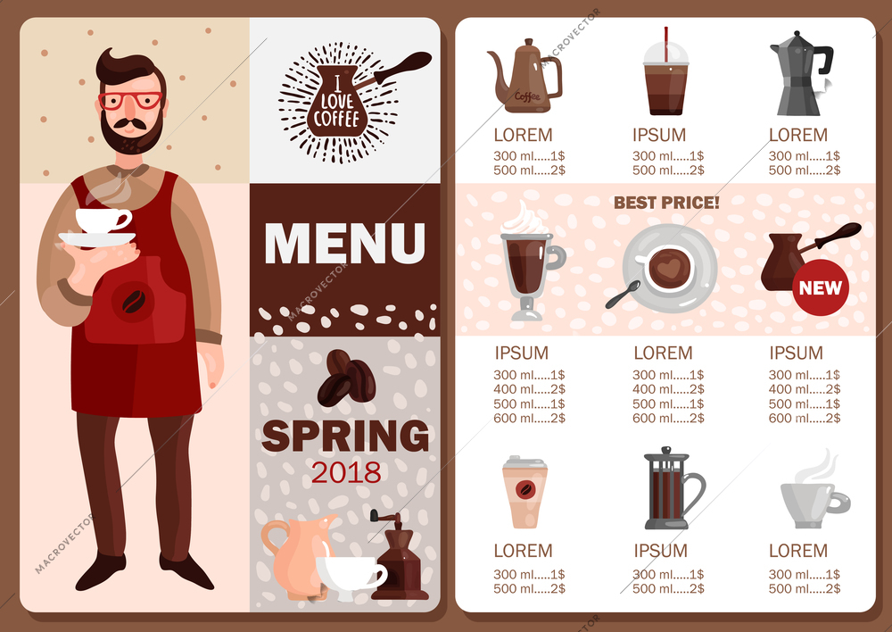Coffee production menu with price and description of different brewing methods flat vector illustration