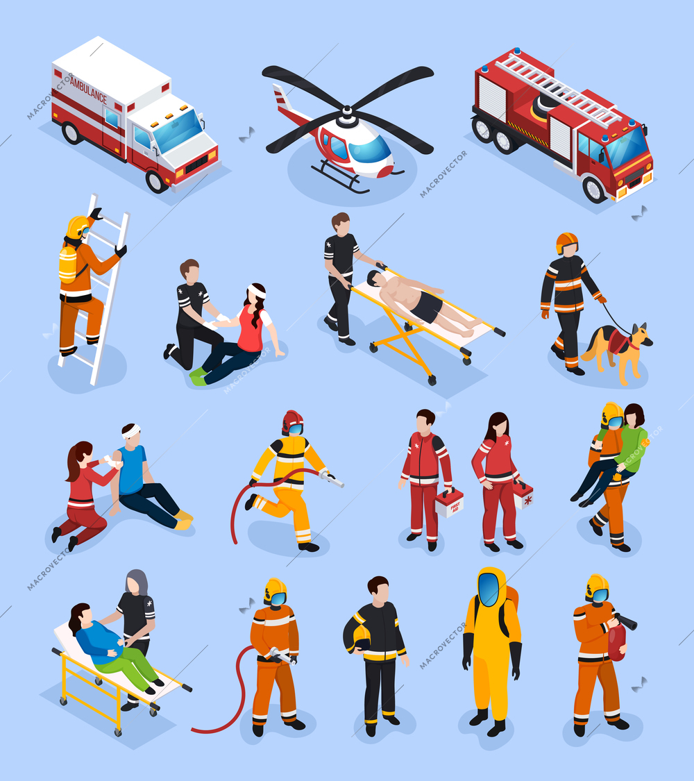 Rescue teams isometric set with people in professional uniform engaged in medical healthcare and fire control vector illustration