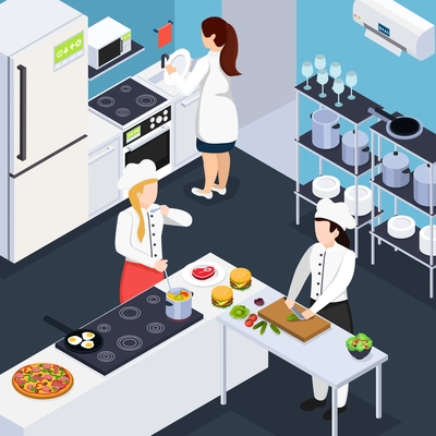 Home staff isometric composition with people in kitchen interior cooking dinner and washing  dishes vector illustration