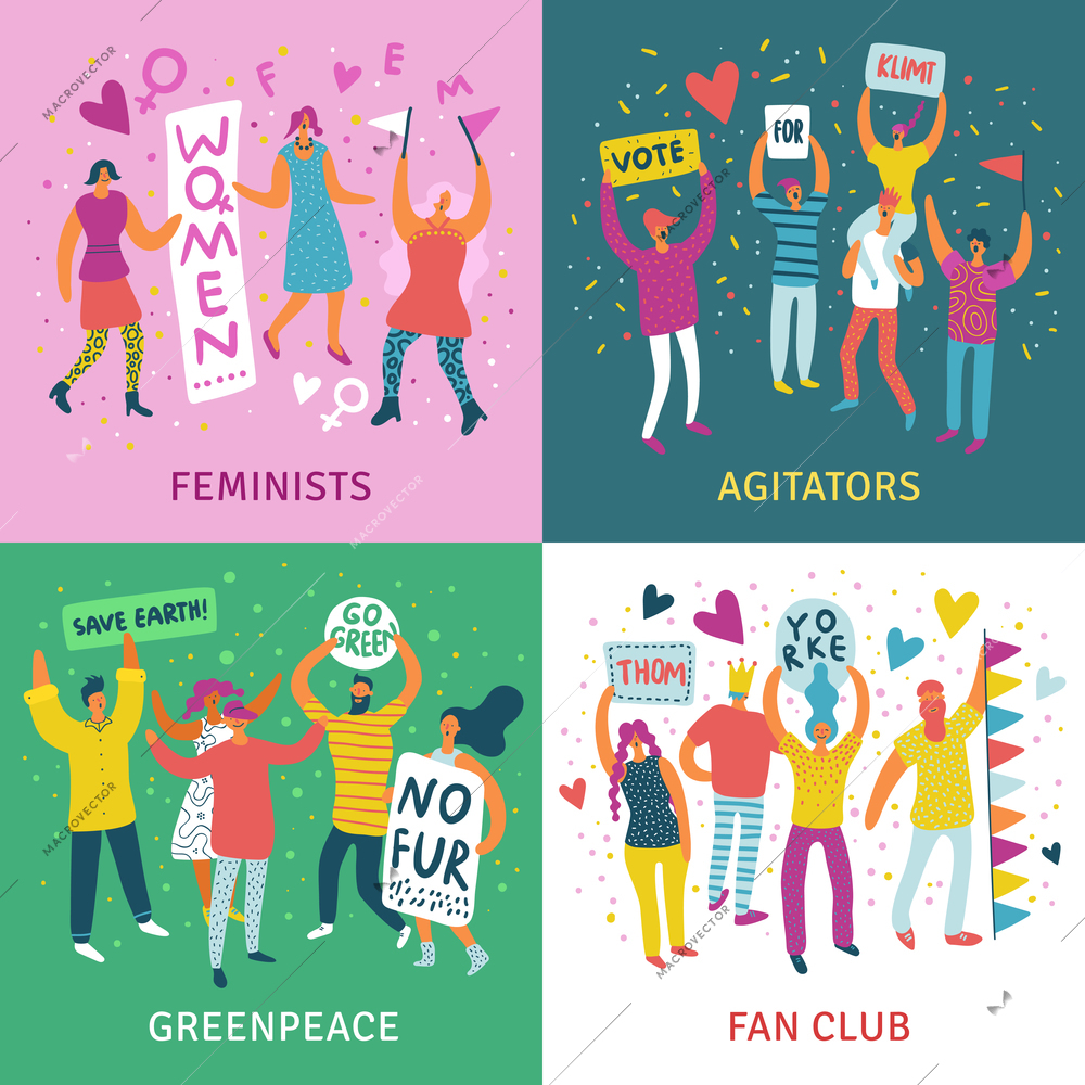 People parade 2x2 design concept set of feminists agitators greenpeace and fan club square icons flat vector illustration