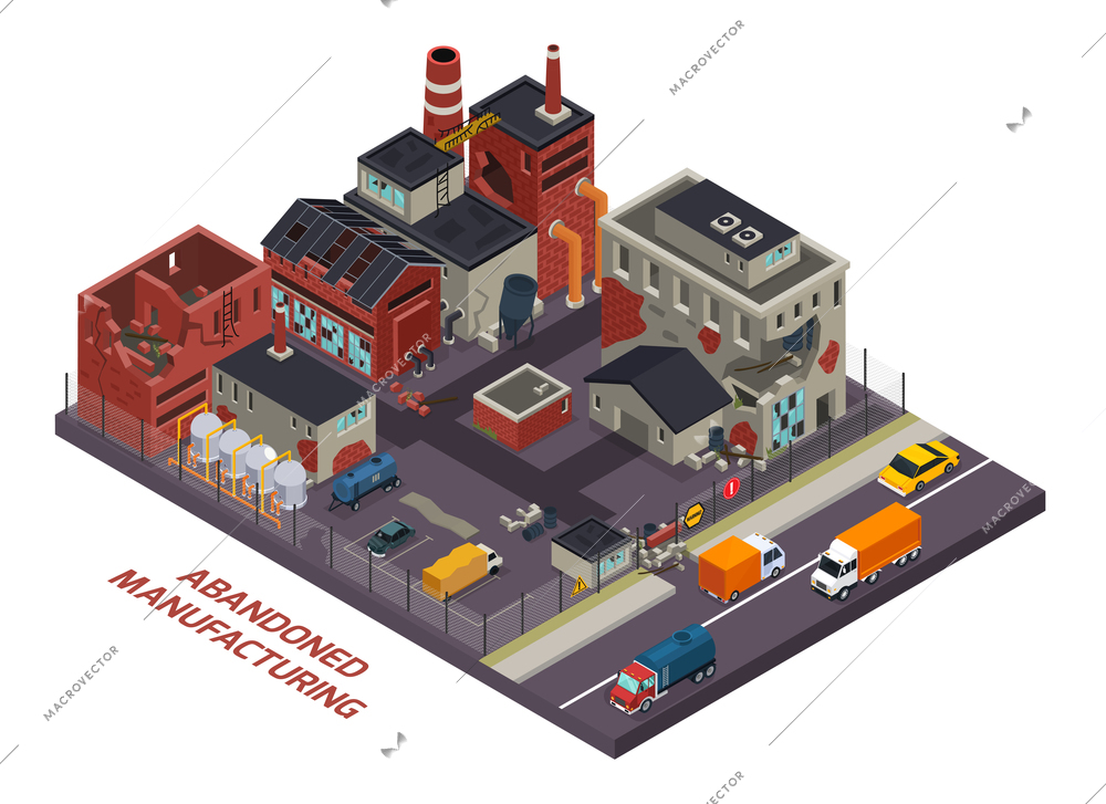 Abandoned manufacturing isometric  composition of old industrial buildings with destroyed walls and roofs vector illustration