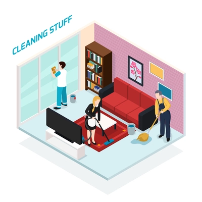 Home staff isometric design concept with professional team from cleaning company doing their job in living room vector illustration