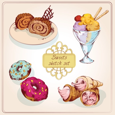 Food sweets bakery and pastry colored sketch set of ice cream doughnut isolated vector illustration