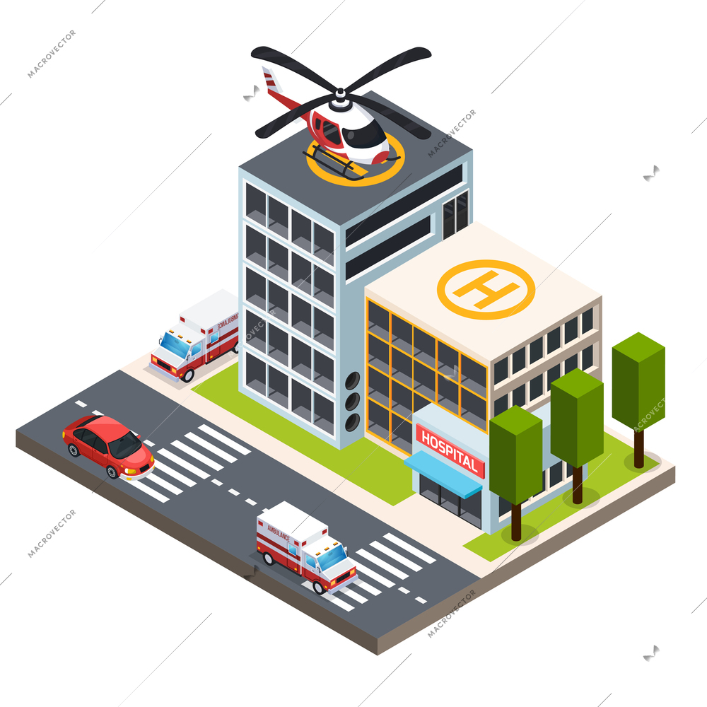 Emergency isometric composition with helicopter on roof of hospital building and ambulance cars vector illustration