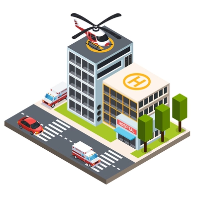 Emergency isometric composition with helicopter on roof of hospital building and ambulance cars vector illustration