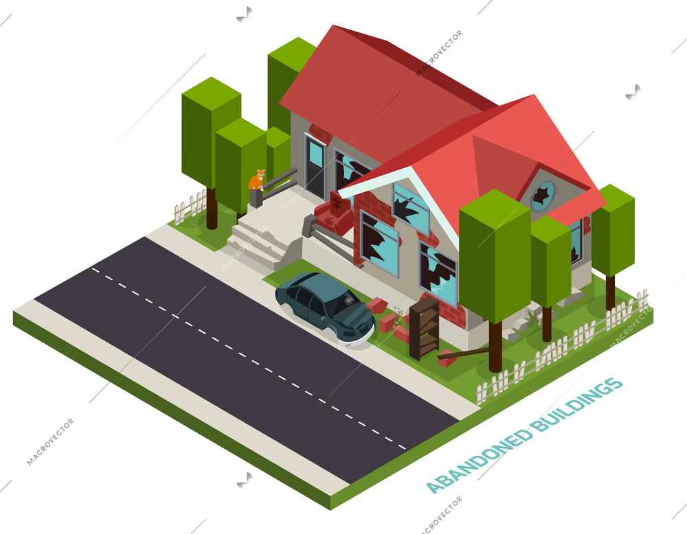Abandoned buildings isometric design concept representing private plot of land with desolate cottage with broken windows vector illustration