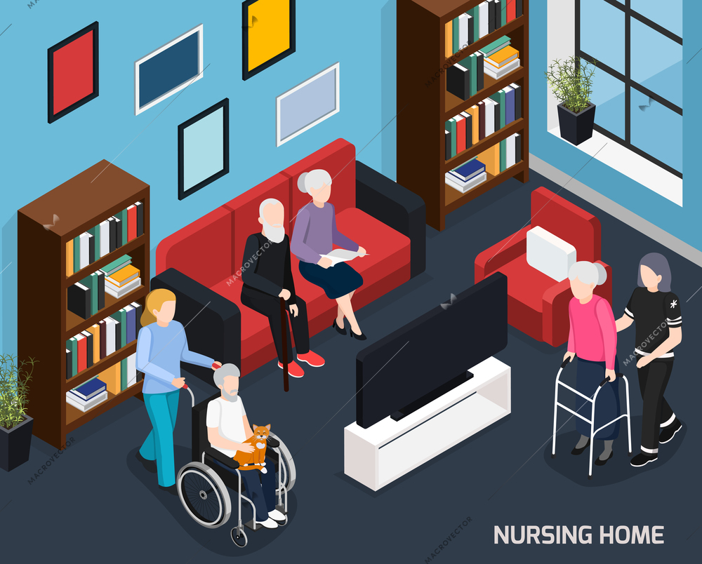 Nursing home isometric composition with working staff elderly people in wheelchair with walkers and cane vector illustration