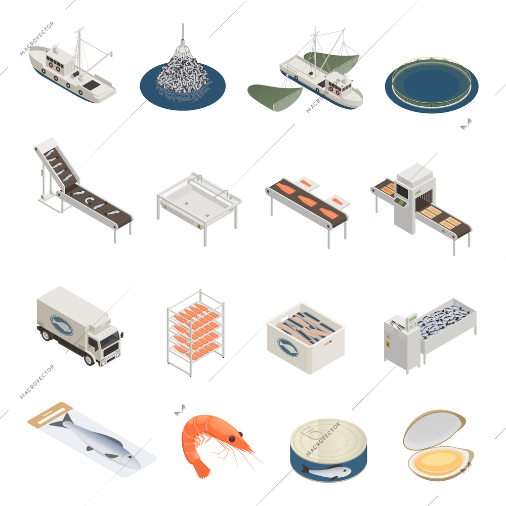 Fish industry seafood production isometric icons with pieces of industrial equipment vessels and ready marine products vector illustration