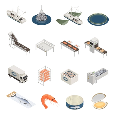 Fish industry seafood production isometric icons with pieces of industrial equipment vessels and ready marine products vector illustration