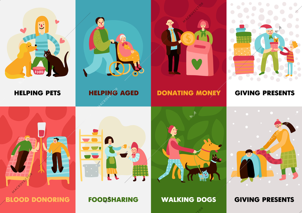 Charity types cards set with giving presents walking dogs blood donoring helping aged compositions flat vector illustration