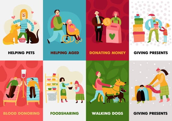 Charity types cards set with giving presents walking dogs blood donoring helping aged compositions flat vector illustration