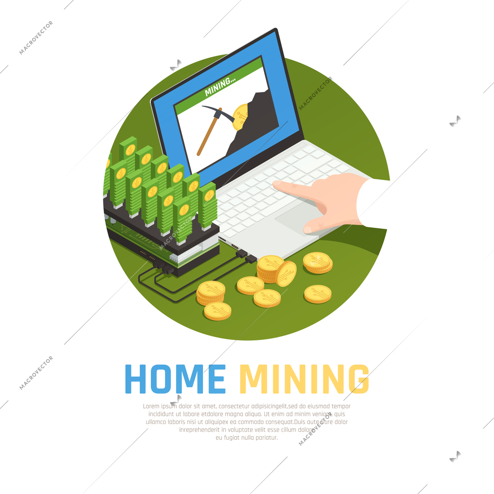 Blockchain cryptocurrency isometric composition with editable text and images of mining farm laptop computer and coins vector illustration