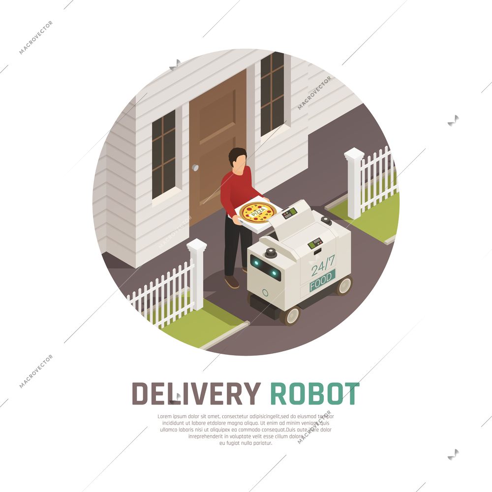 Smart city isometric composition with images of automatic pizza delivery machine and human character with text vector illustration