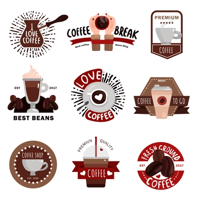 Coffee production flat colored emblems badges and labels for coffee shop cafe and restaurant design isolated vector illustration