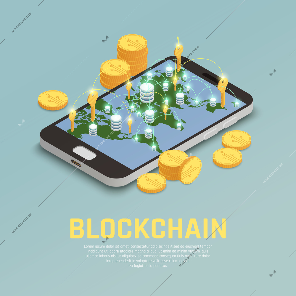 Blockchain cryptocurrency isometric composition concept with world map on smartphone screen with golden keys and coins vector illustration