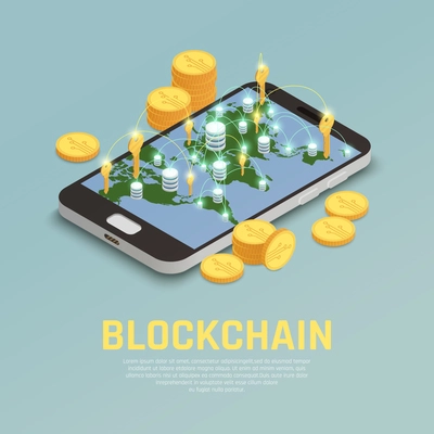 Blockchain cryptocurrency isometric composition concept with world map on smartphone screen with golden keys and coins vector illustration