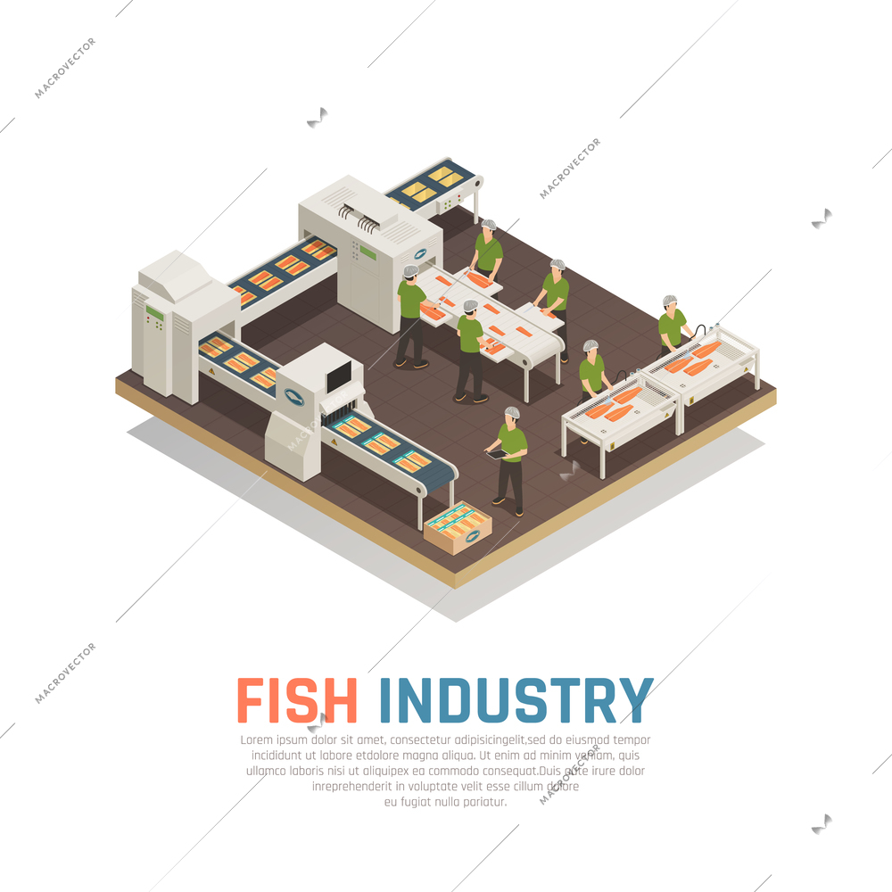 Fish industry seafood production isometric composition with view of sea food factory with conveyors and workers vector illustration