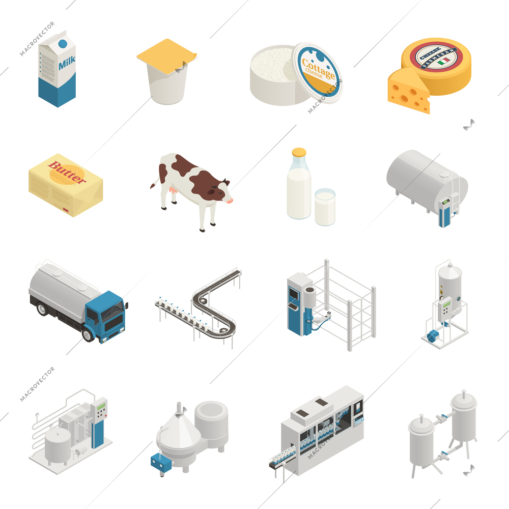 Dairy production milk factory isometric icons collection with isolated images of ready products and production facilities vector illustration