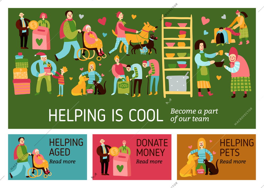 Helping is cool horizontal banners with different charity types and call to become part of team flat vector illustration