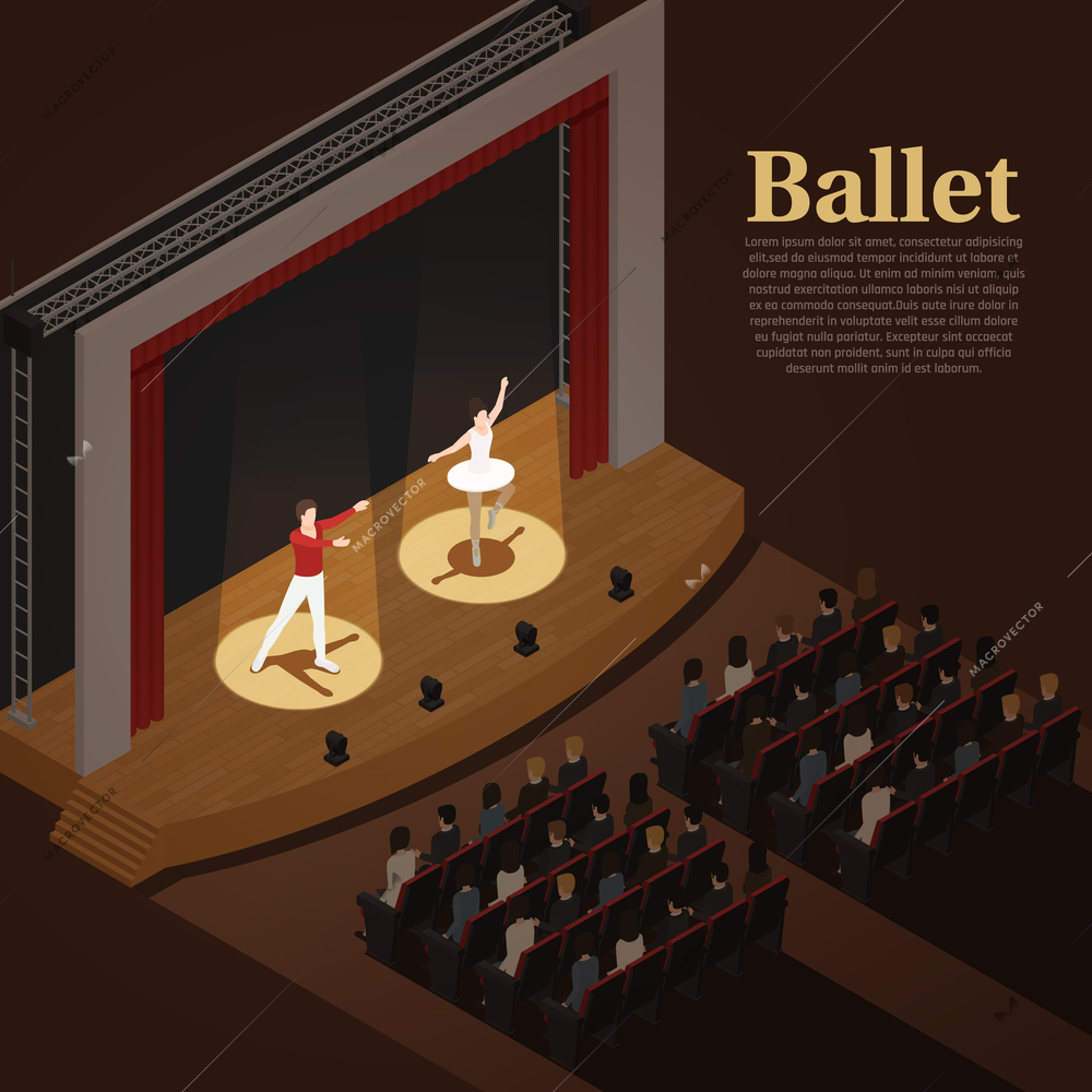 Theatre isometric icons composition with view of auditorium with audience members and actors characters on stage vector illustration