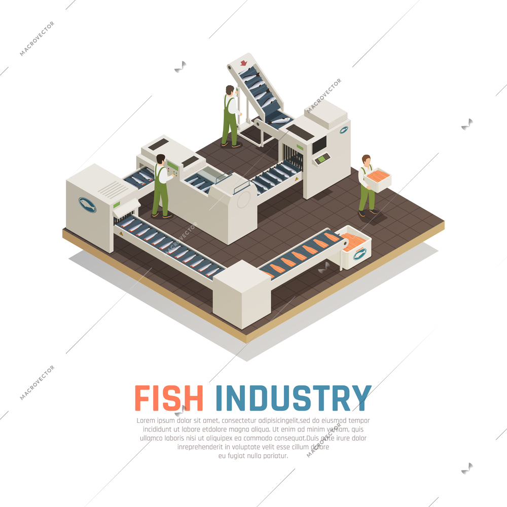 Fish industry seafood production isometric composition with automatic industrial conveyors for marine food with editable text vector illustration