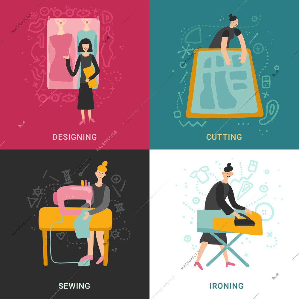 Garment factory 2x2 design concept set of designing cutting sewing ironing flat square icons vector illustration