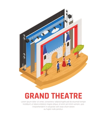 Theatre isometric icons composition with editable text and view of stage with actors and stage sets vector illustration