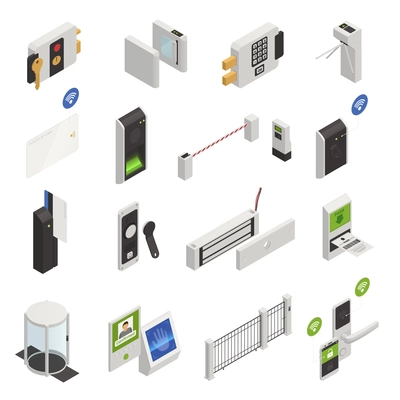 Access identification isometric icons collection of isolated safeguarding system elements images and user recognition electronic devices vector illustration