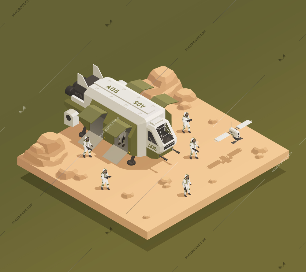Space ship isometric composition with isometric images of astronauts and drones on planetary surface with shadows vector illustration