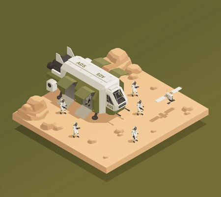 Space ship isometric composition with isometric images of astronauts and drones on planetary surface with shadows vector illustration