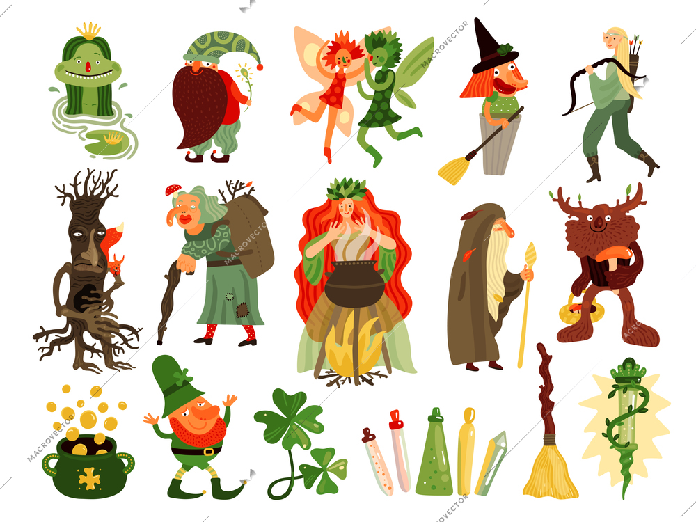Fairy tale set of mythology and folklore  cartoon characters living in forest isolated vector illustration