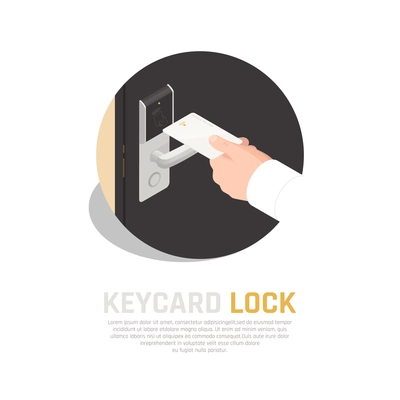 Access identification isometric composition of key card in human hand with guest room door handle sensor vector illustration