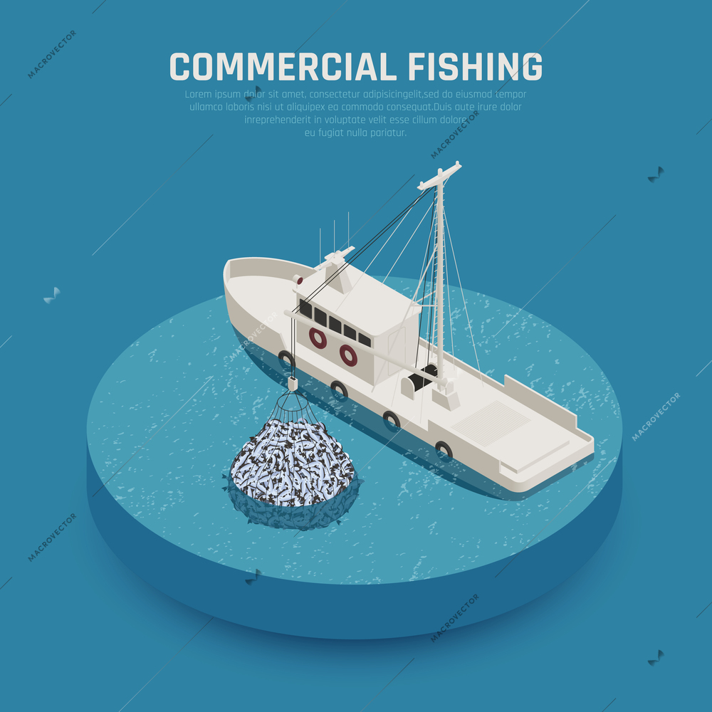 Fish industry seafood production isometric composition with image of commercial fishing boat loading stuffed fishing net vector illustration