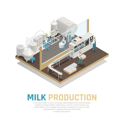 Dairy production milk factory isometric composition with view of milk production department with essential factory equipment vector illustration