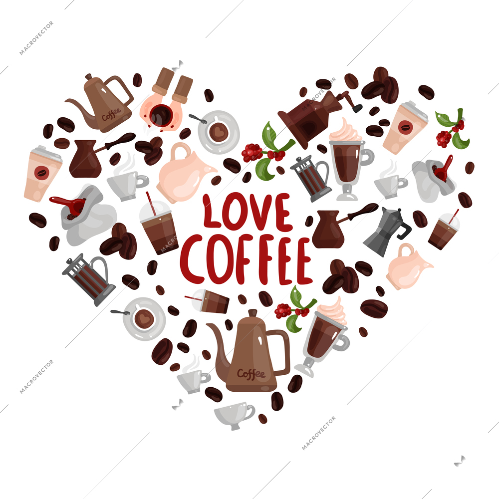 Love coffee design concept with heart image composed of different brewing devices and  coffee drinks isolated icons vector illustration