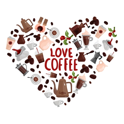 Love coffee design concept with heart image composed of different brewing devices and  coffee drinks isolated icons vector illustration