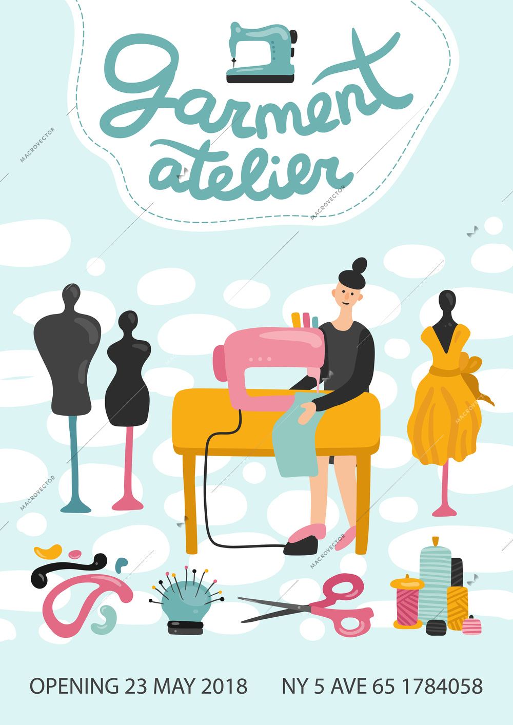 Garment atelier advertising poster with address phone number and opening date flat vector illustration