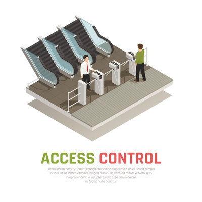 Access identification isometric composition with images of ticket barriers in front of rolling stairs with people vector illustration