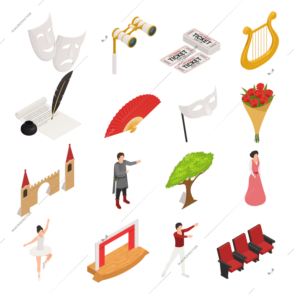 Theatre isometric icons set with isolated images of masks stage sets and human characters of actors vector illustration