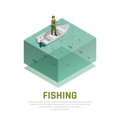 Fish industry seafood production isometric composition with image of fisherman on boat with rod and text vector illustration