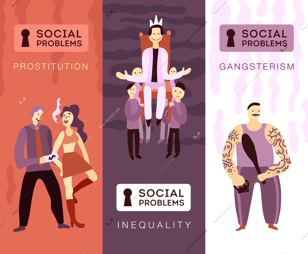 Three vertical banners with people showing social problems so as gangsterism prostitution social inequality flat vector illustration