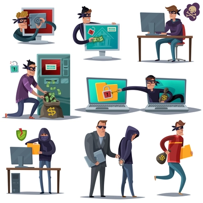 Colored and isolated internet hacker security composition set with different situations of this crime vector illustration