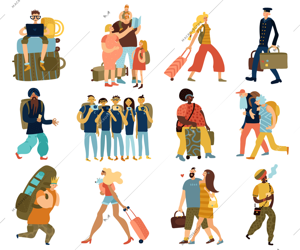 People trips isolated icons set with cartoon groups of traveling tourists of different races and nationalities flat vector illustration